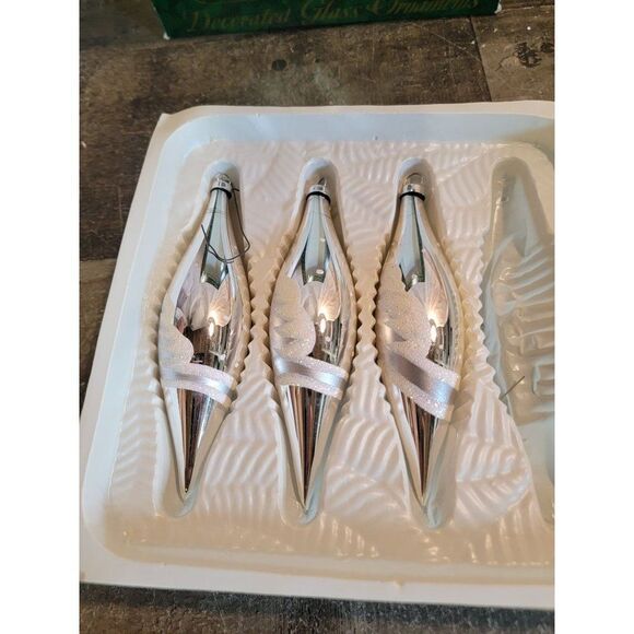 Holiday time silver blown glass tree glitter abstract long ornament Xmas decor - Picture 7 of 8